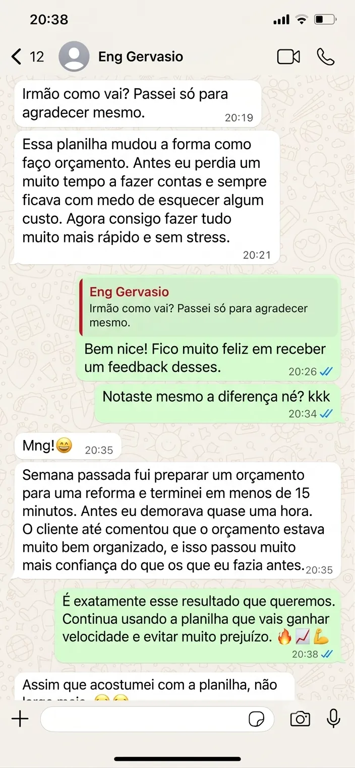 Conversa de WhatsApp de um cliente a agradecer pela planilha