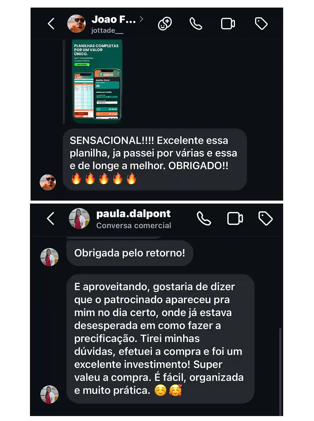 Mensagens directas de clientes a elogiar a planilha